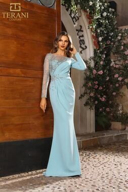Terani Illusion Bateau Beaded Accent Evening Gown - 6